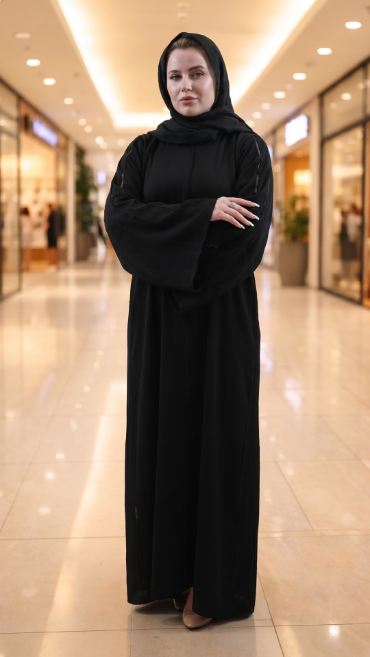 Black Zoom Abaya with Simple Handwork on the Sleeves and Back