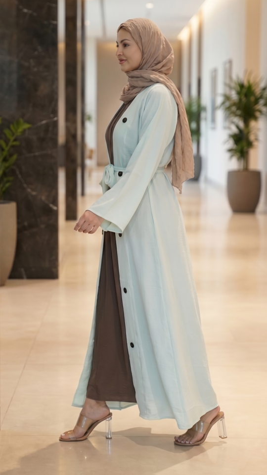 CEY Modest Dress with a Shrug Show Buttons and a Belt in Offwhite and Brown