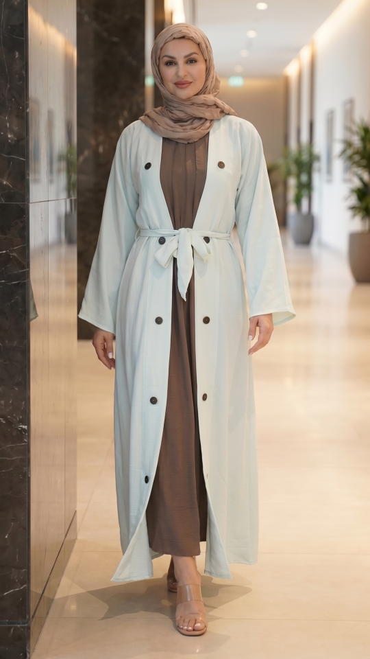 CEY Modest Dress with a Shrug Show Buttons and a Belt in Offwhite and Brown