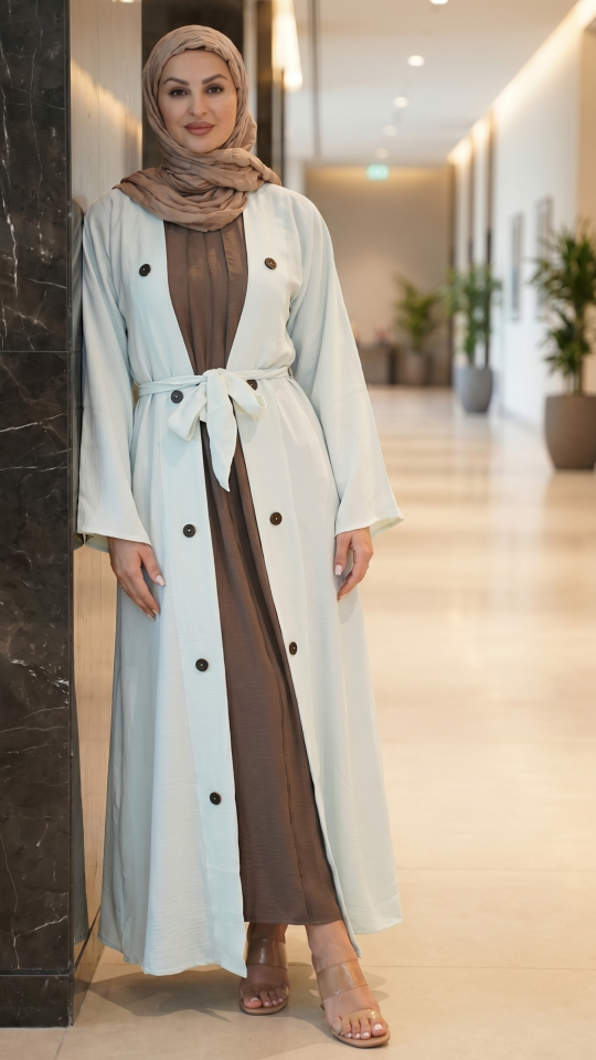 CEY Modest Dress with a Shrug Show Buttons and a Belt in Offwhite and Brown