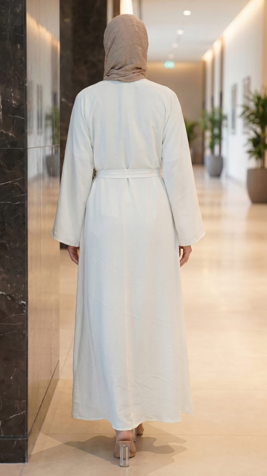 CEY Modest Dress with a Shrug Show Buttons and a Belt in Offwhite and Brown