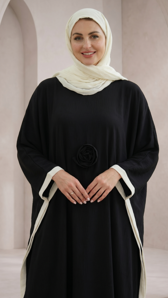 Kaftan with a Floral Show Bow on the Front and OffWhite Band Work in Black