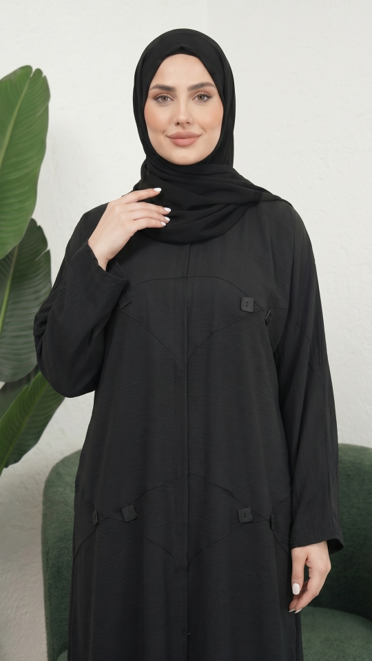Off White and Black CEY Modest Dress with a Shrug and Black Show Buttons on the Front 