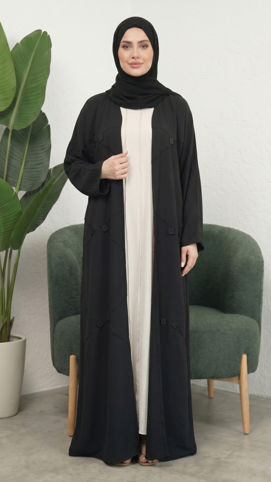 Off White and Black CEY Modest Dress with a Shrug and Black Show Buttons on the Front 
