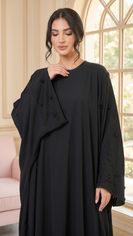 Black Farasha with Crystal Work on the Sleeve Bottoms