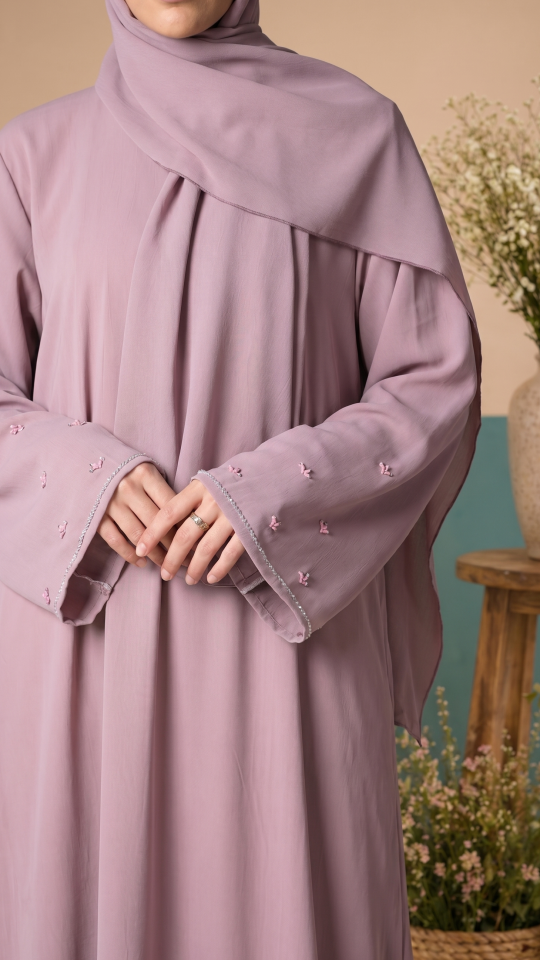 Elegant Attached Hijab Blush Pink Abaya with Handwork on the Sleeves