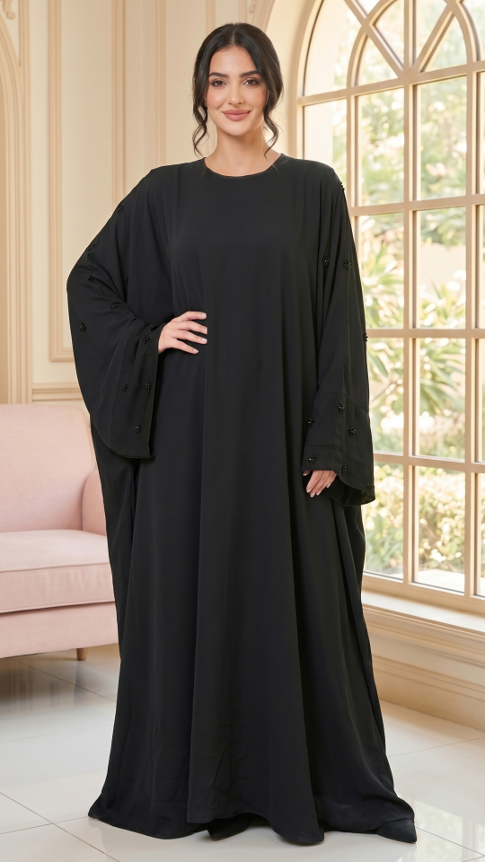 Black Farasha with Crystal Work on the Sleeve Bottoms