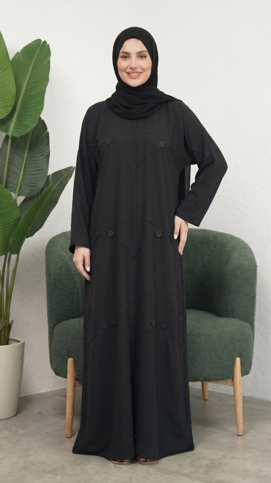 Off White and Black CEY Modest Dress with a Shrug and Black Show Buttons on the Front 