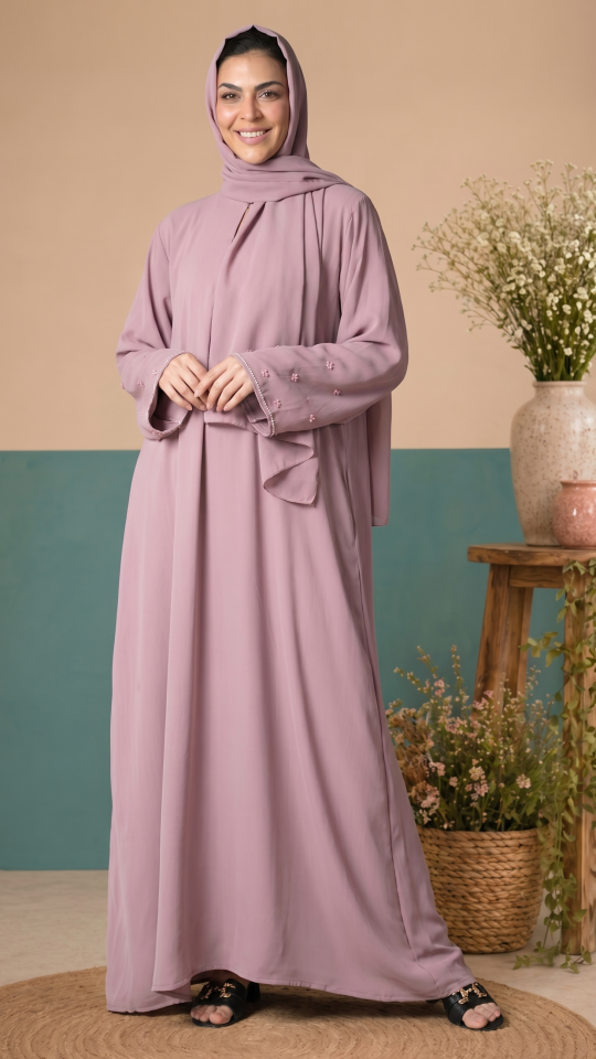 Elegant Attached Hijab Blush Pink Abaya with Handwork on the Sleeves