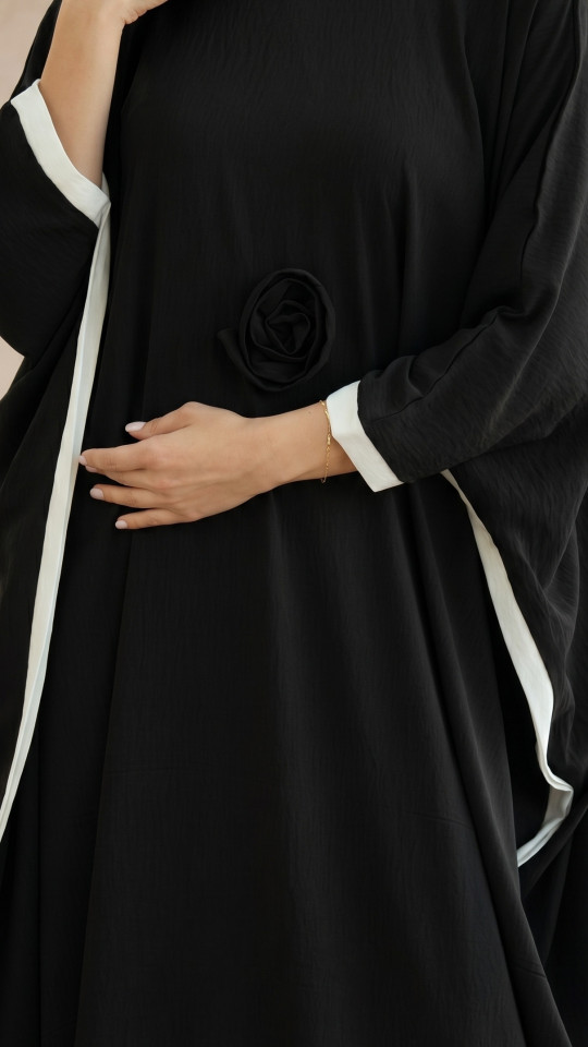 Kaftan with a Floral Show Bow on the Front and OffWhite Band Work in Black