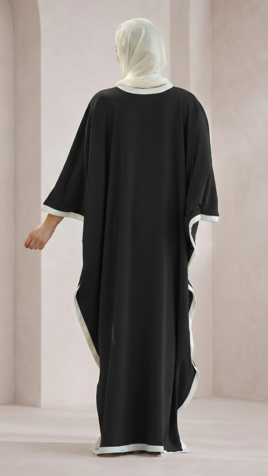 Kaftan with a Floral Show Bow on the Front and OffWhite Band Work in Black
