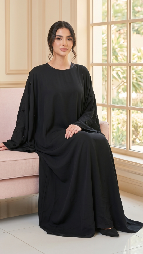 Black Farasha with Crystal Work on the Sleeve Bottoms