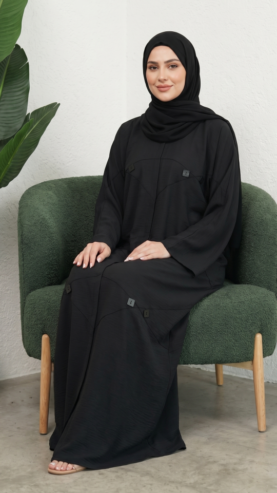 Off White and Black CEY Modest Dress with a Shrug and Black Show Buttons on the Front 