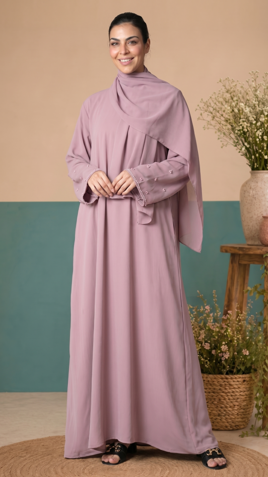 Elegant Attached Hijab Blush Pink Abaya with Handwork on the Sleeves