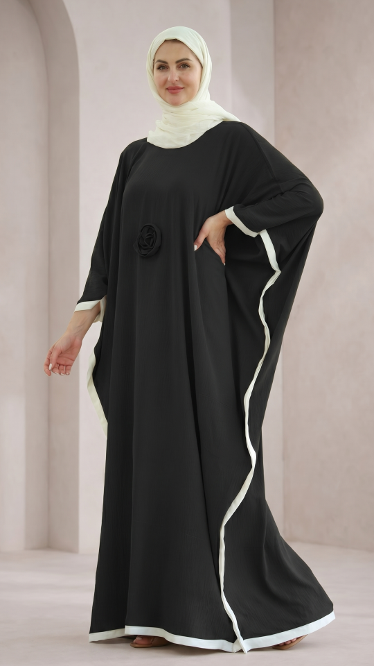 Kaftan with a Floral Show Bow on the Front and OffWhite Band Work in Black