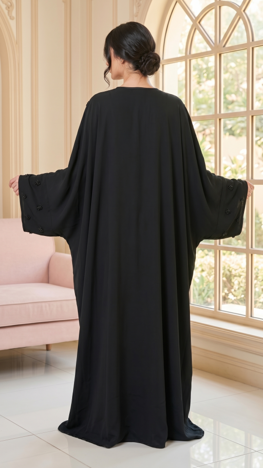 Black Farasha with Crystal Work on the Sleeve Bottoms