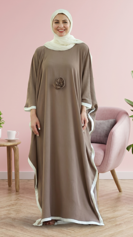 Wholesale Stylish Kaftan with a Floral Show Bow on the Front and OffWhite Band Work in Brown