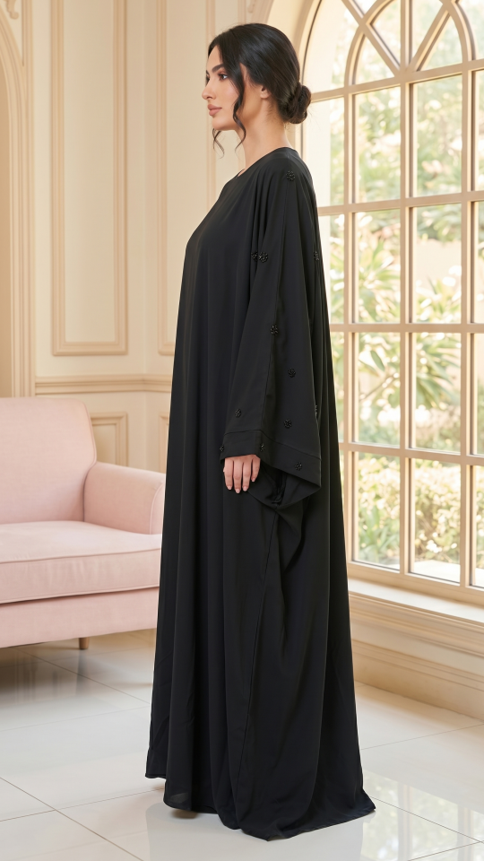 Black Farasha with Crystal Work on the Sleeve Bottoms