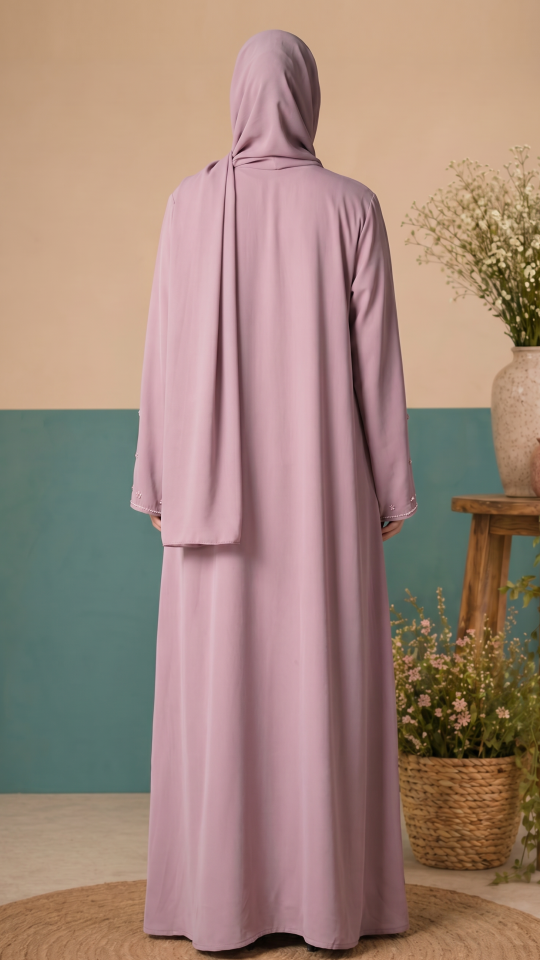 Elegant Attached Hijab Blush Pink Abaya with Handwork on the Sleeves