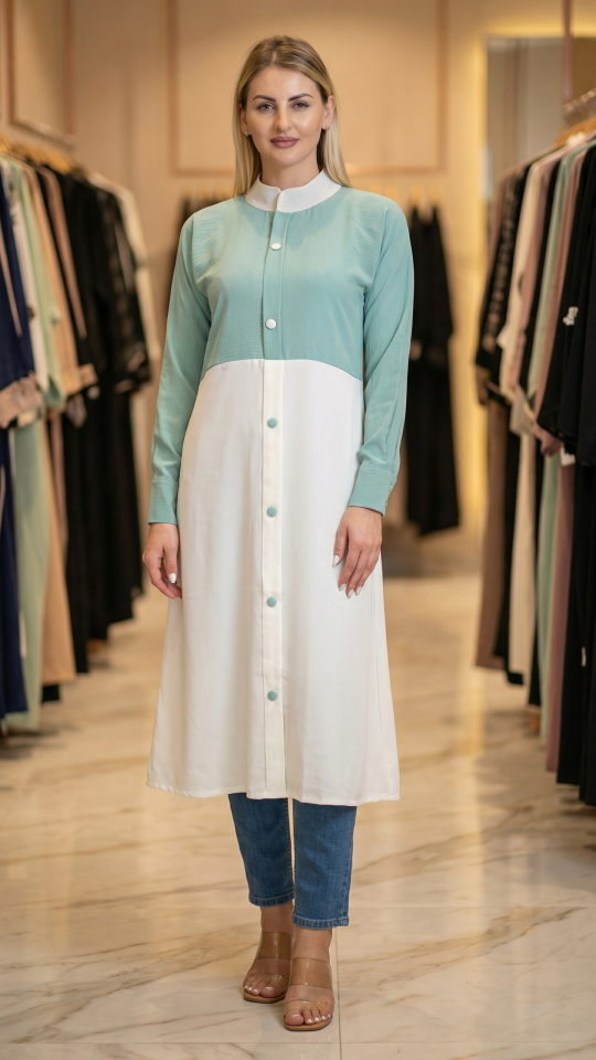 CEY Kurti with a Show Button on the Front in Turquoise and Offwhite
