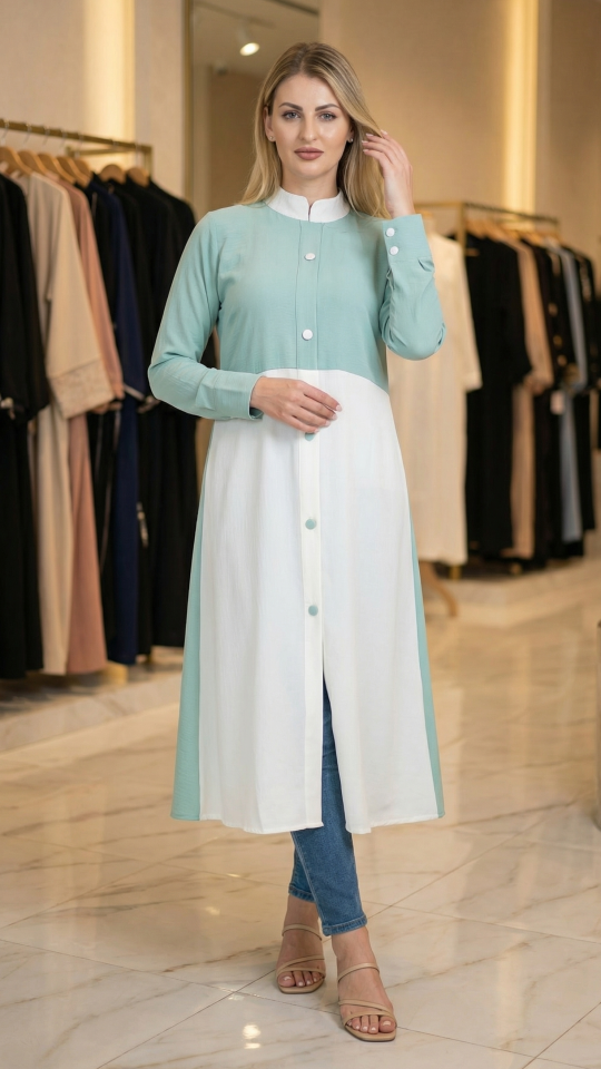 CEY Kurti with a Show Button on the Front in Turquoise and Offwhite