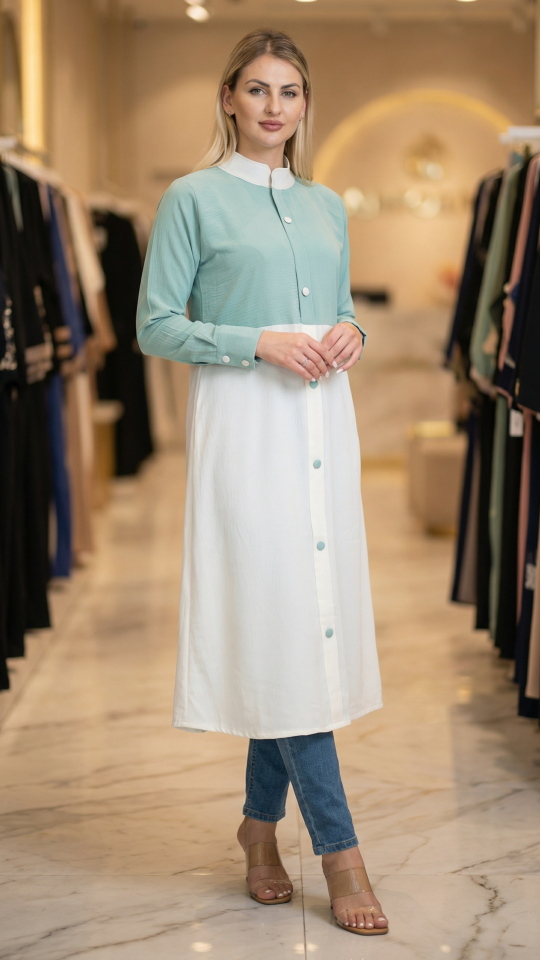 CEY Kurti with a Show Button on the Front in Turquoise and Offwhite