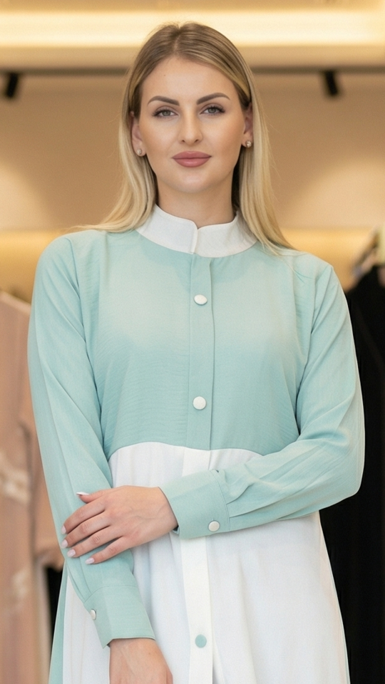 CEY Kurti with a Show Button on the Front in Turquoise and Offwhite
