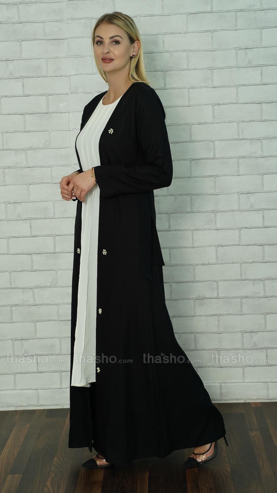 Black and Off White CEY Modest Dress with Shrug, Pearl Work, and Belt.