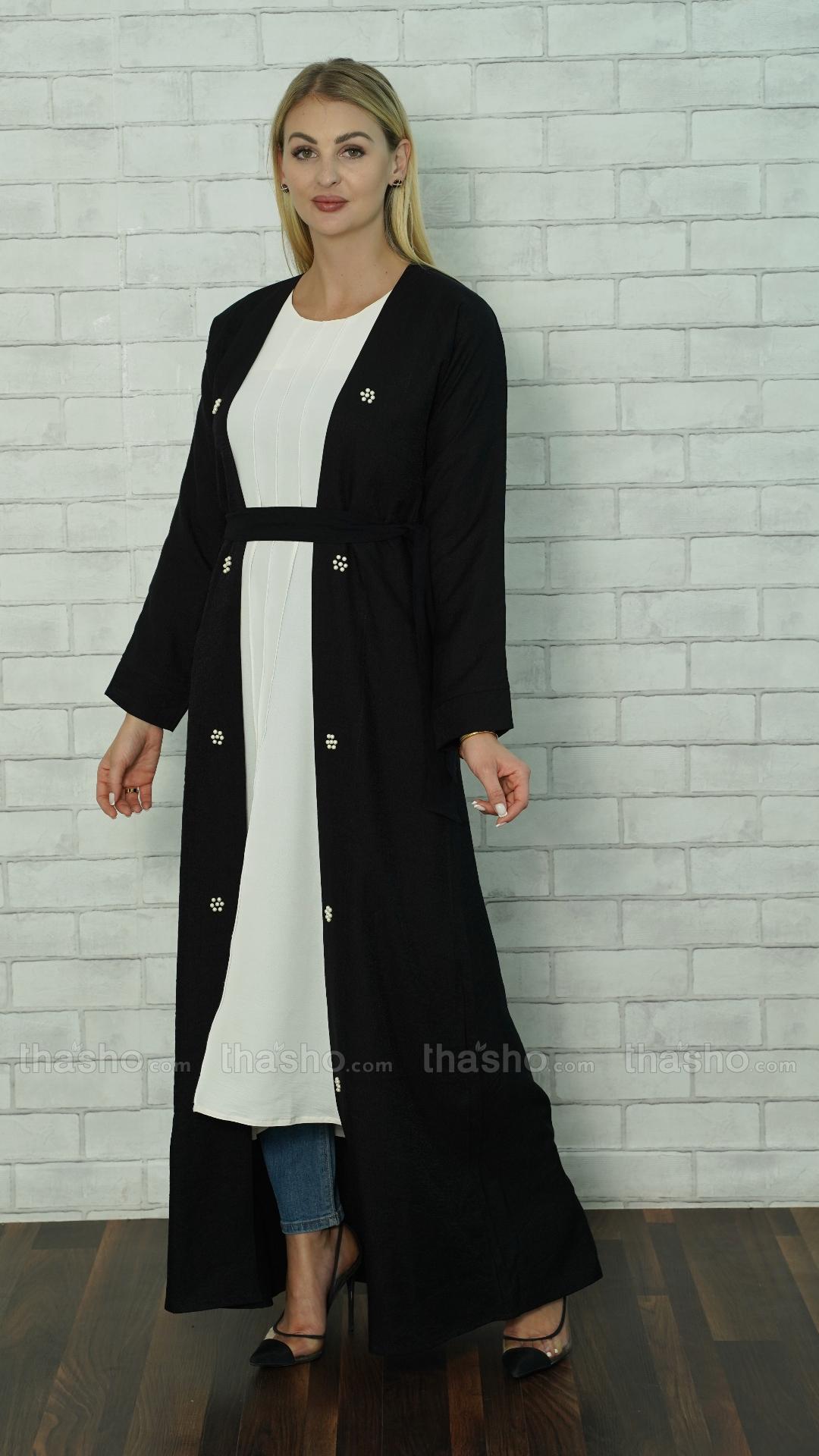 Black and Off White CEY Modest Dress with Shrug, Pearl Work, and Belt.