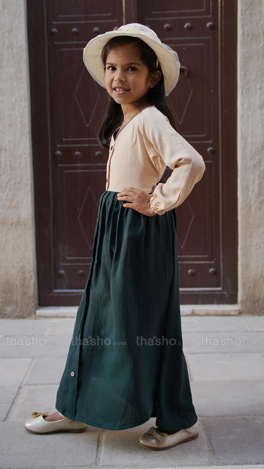Cream and Dark Green Kids Modest Dress with Show Buttons on the Front
