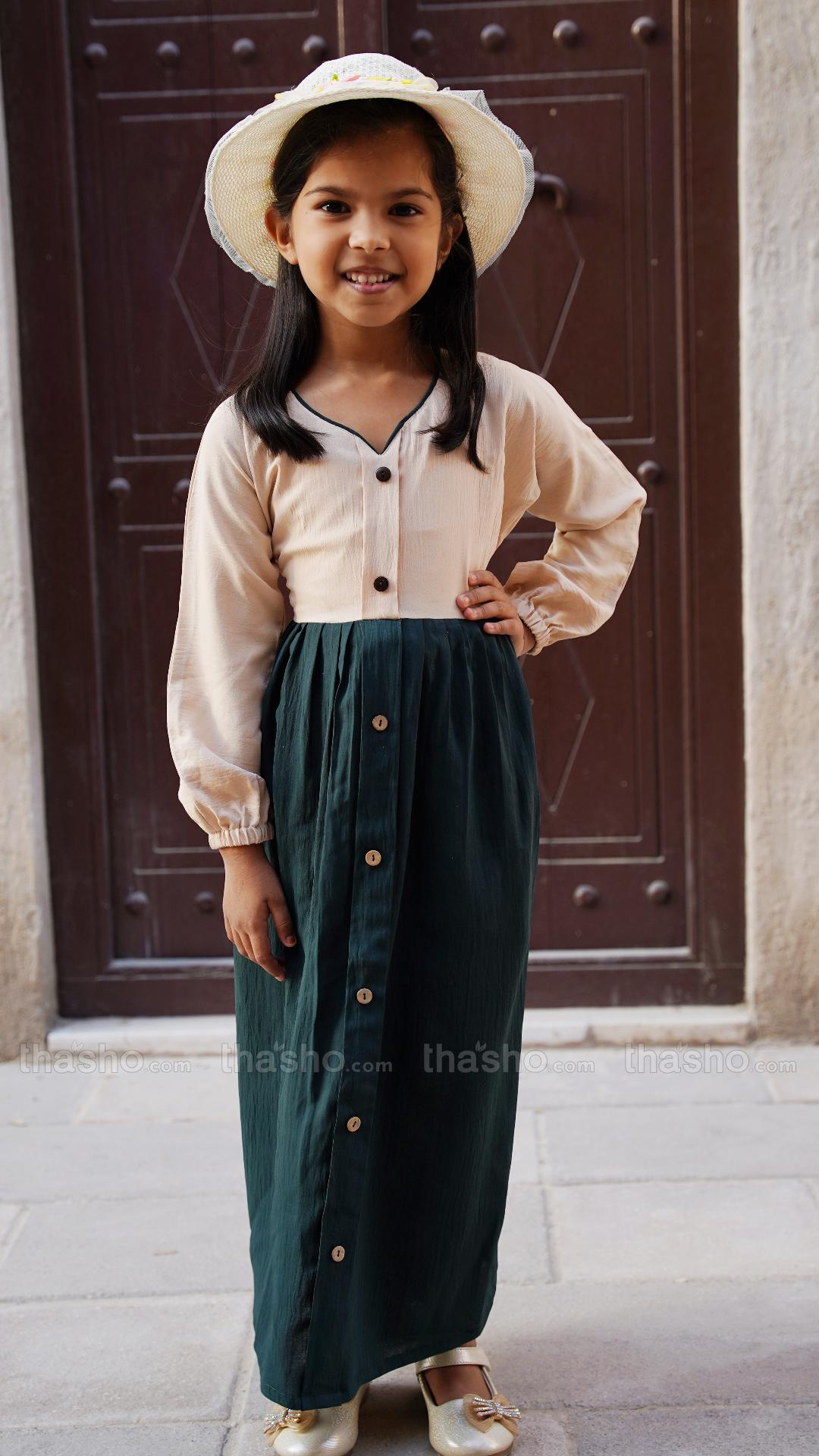 Cream and Dark Green Kids Modest Dress with Show Buttons on the Front