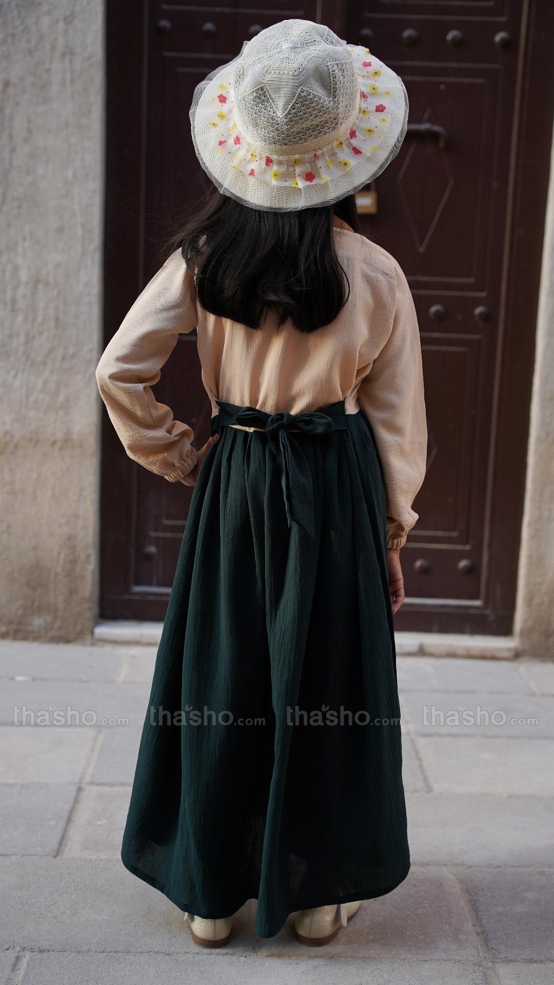 Cream and Dark Green Kids Modest Dress with Show Buttons on the Front