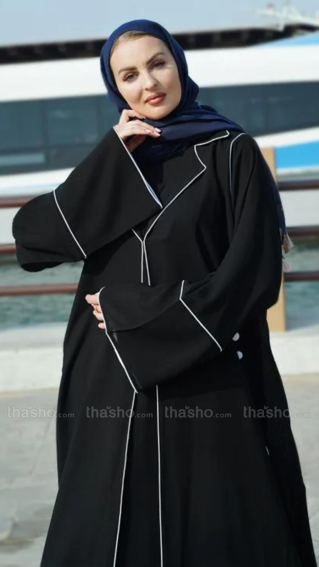 Black  Trench Coat Abaya with Piping and Show Button on Sleeves