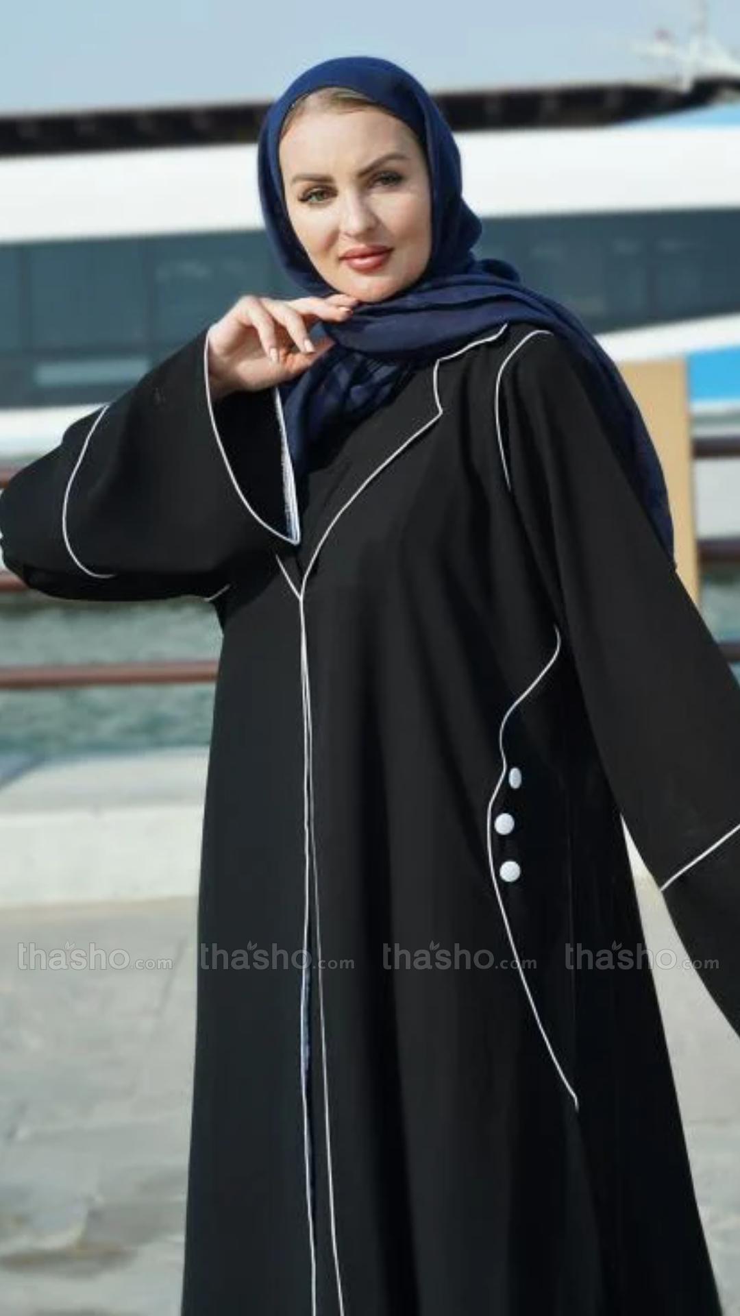 Black  Trench Coat Abaya with Piping and Show Button on Sleeves