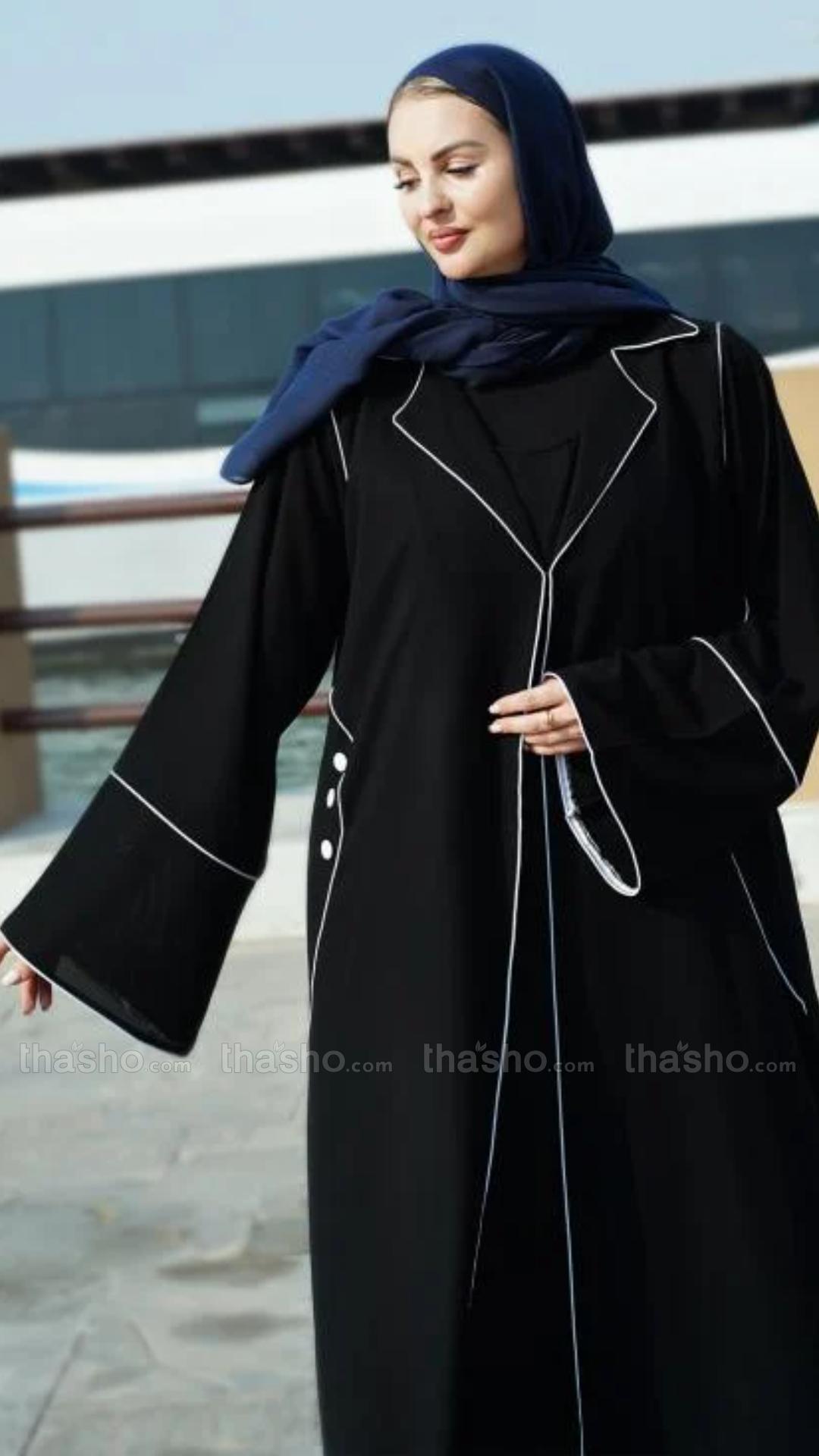 Black  Trench Coat Abaya with Piping and Show Button on Sleeves