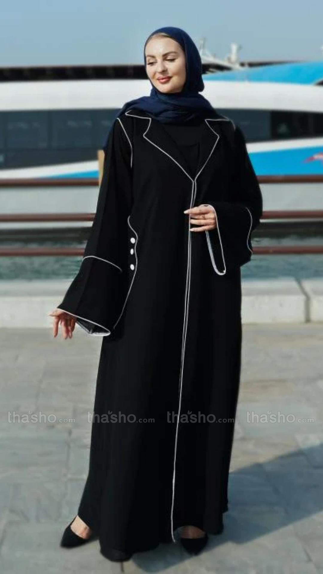 Black  Trench Coat Abaya with Piping and Show Button on Sleeves