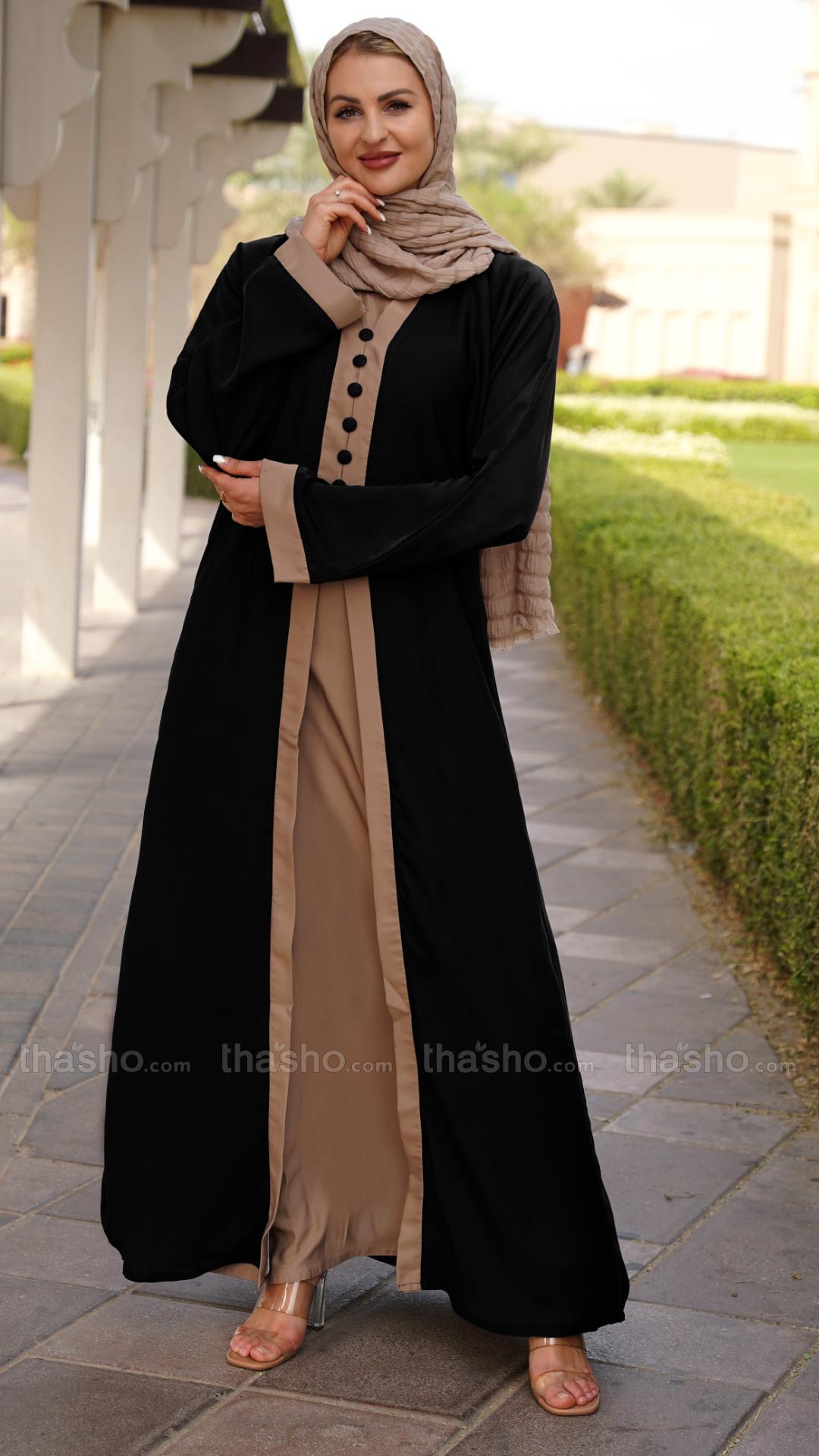 Attached Shrug Abaya With Show Buttons On Front In Beige And Black