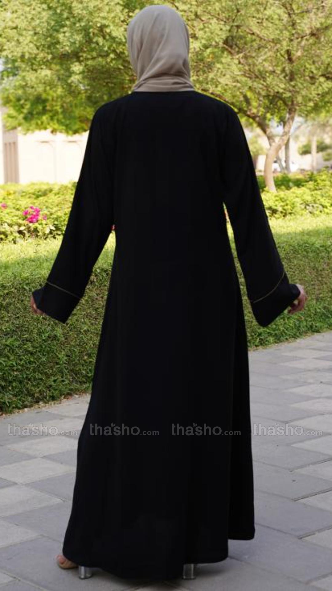 Stylish Black Abaya with Piping Work on the Front and Sleeves