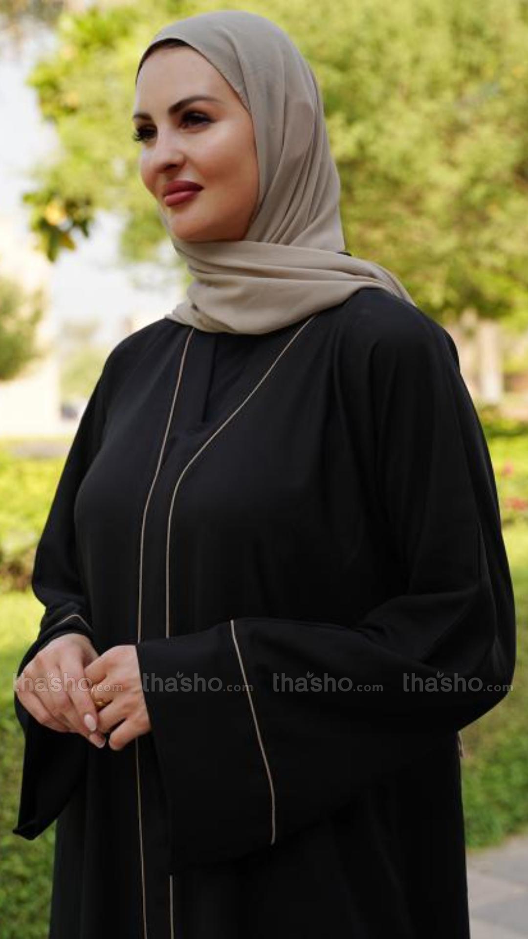 Stylish Black Abaya with Piping Work on the Front and Sleeves
