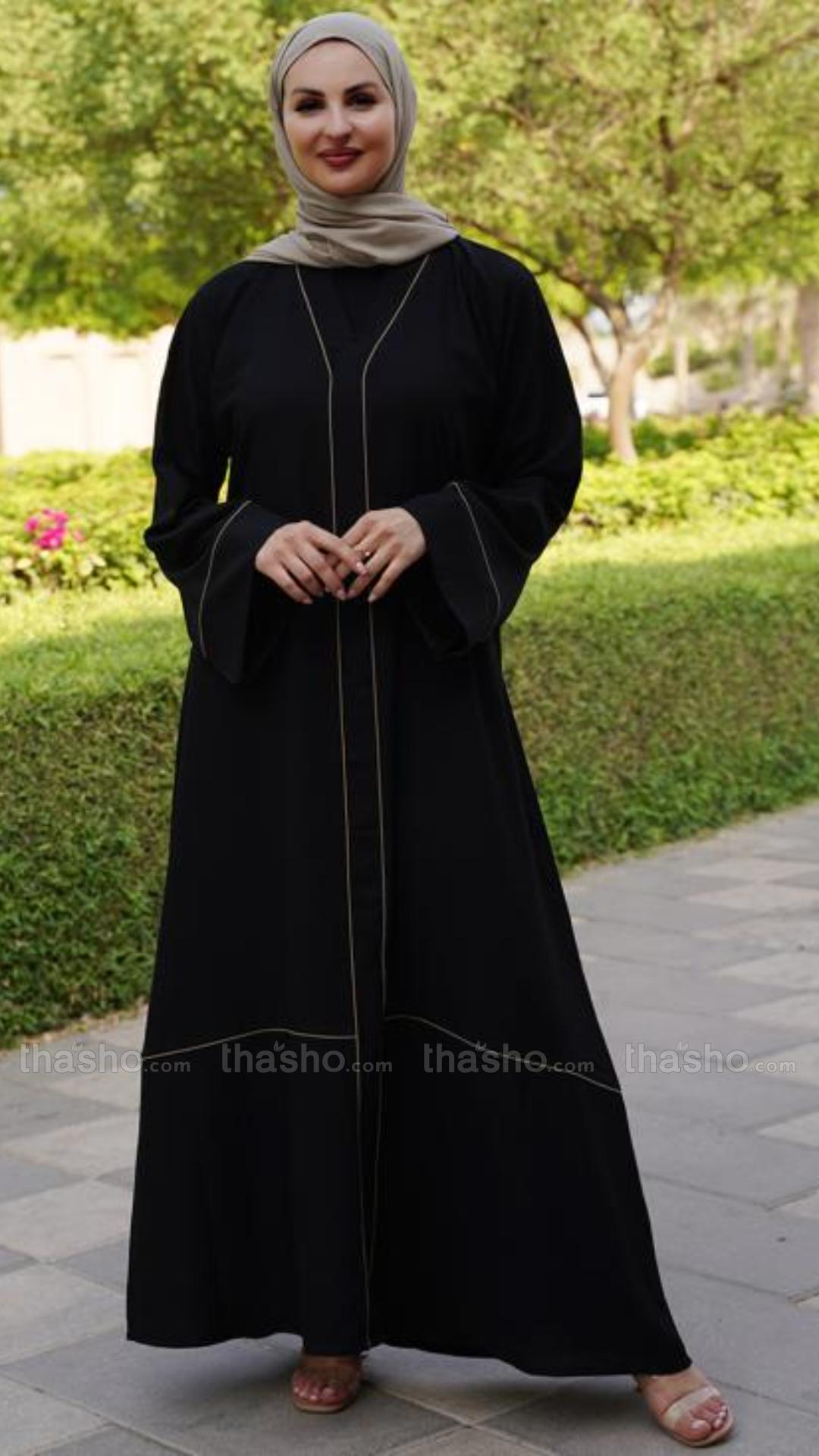 Stylish Black Abaya with Piping Work on the Front and Sleeves