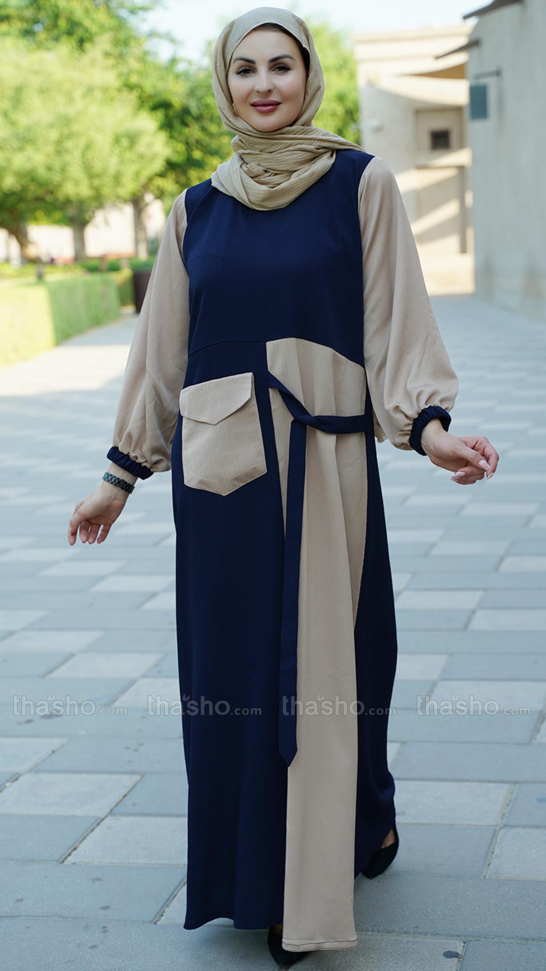 Beige and Navy Blue Zoom Abaya with One Side Pocket and Attached Belt