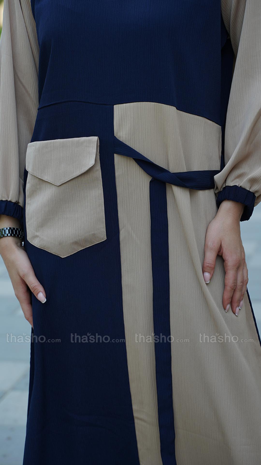 Beige and Navy Blue Zoom Abaya with One Side Pocket and Attached Belt