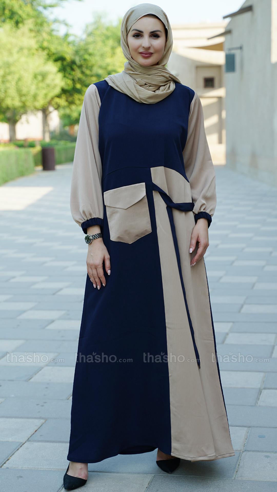 Beige and Navy Blue Zoom Abaya with One Side Pocket and Attached Belt