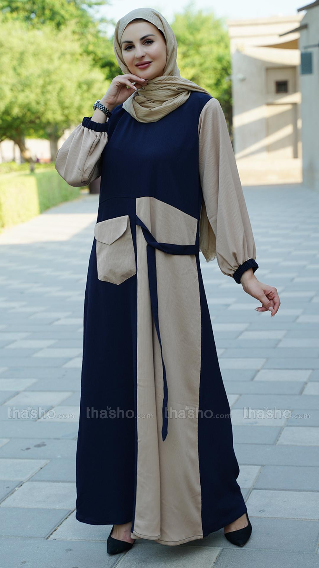 Beige and Navy Blue Zoom Abaya with One Side Pocket and Attached Belt