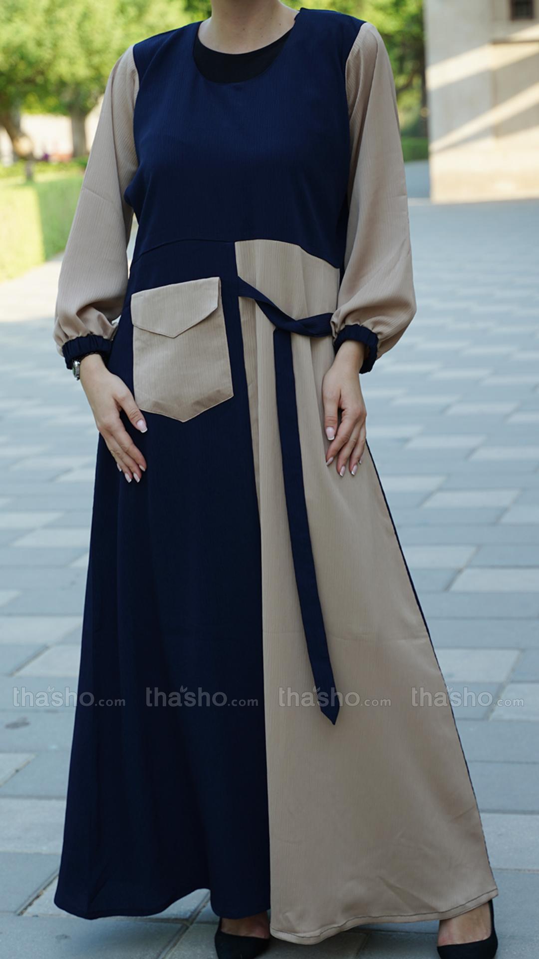 Beige and Navy Blue Zoom Abaya with One Side Pocket and Attached Belt