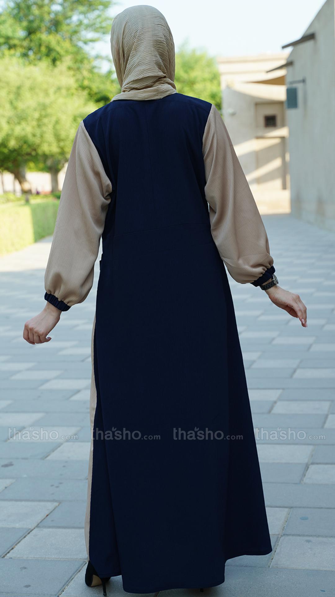 Beige and Navy Blue Zoom Abaya with One Side Pocket and Attached Belt