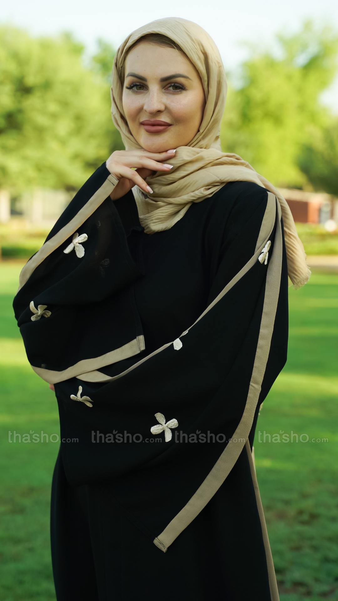 Black Abaya with Beige Band work and Floral Embroidery
