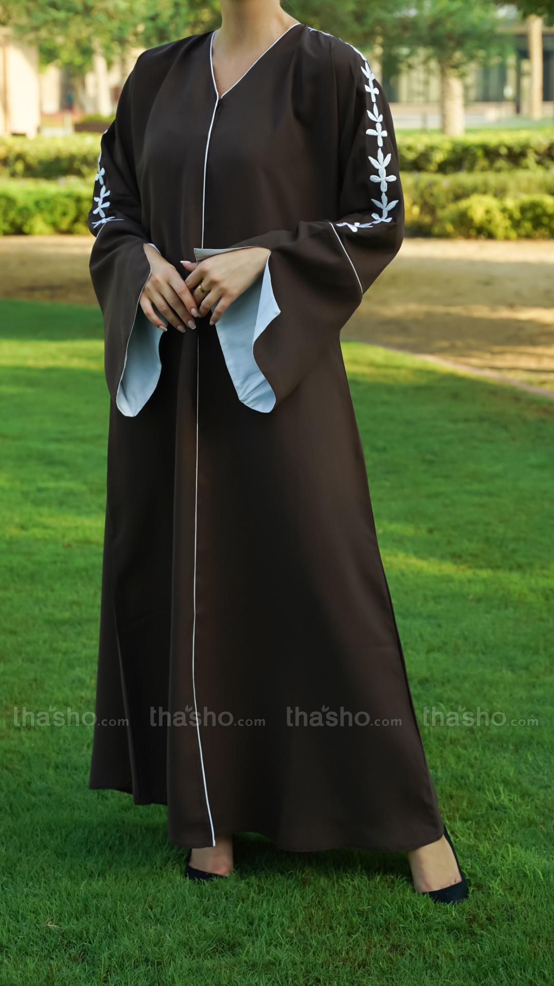  Dark Coffee Abaya with Embroidery Work on the Sleeves and Piping