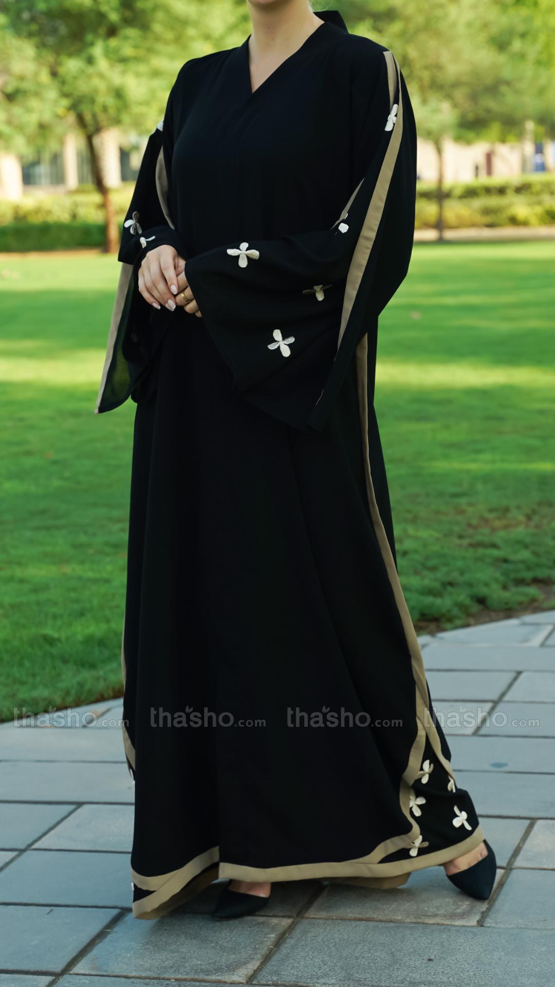 Black Abaya with Beige Band work and Floral Embroidery