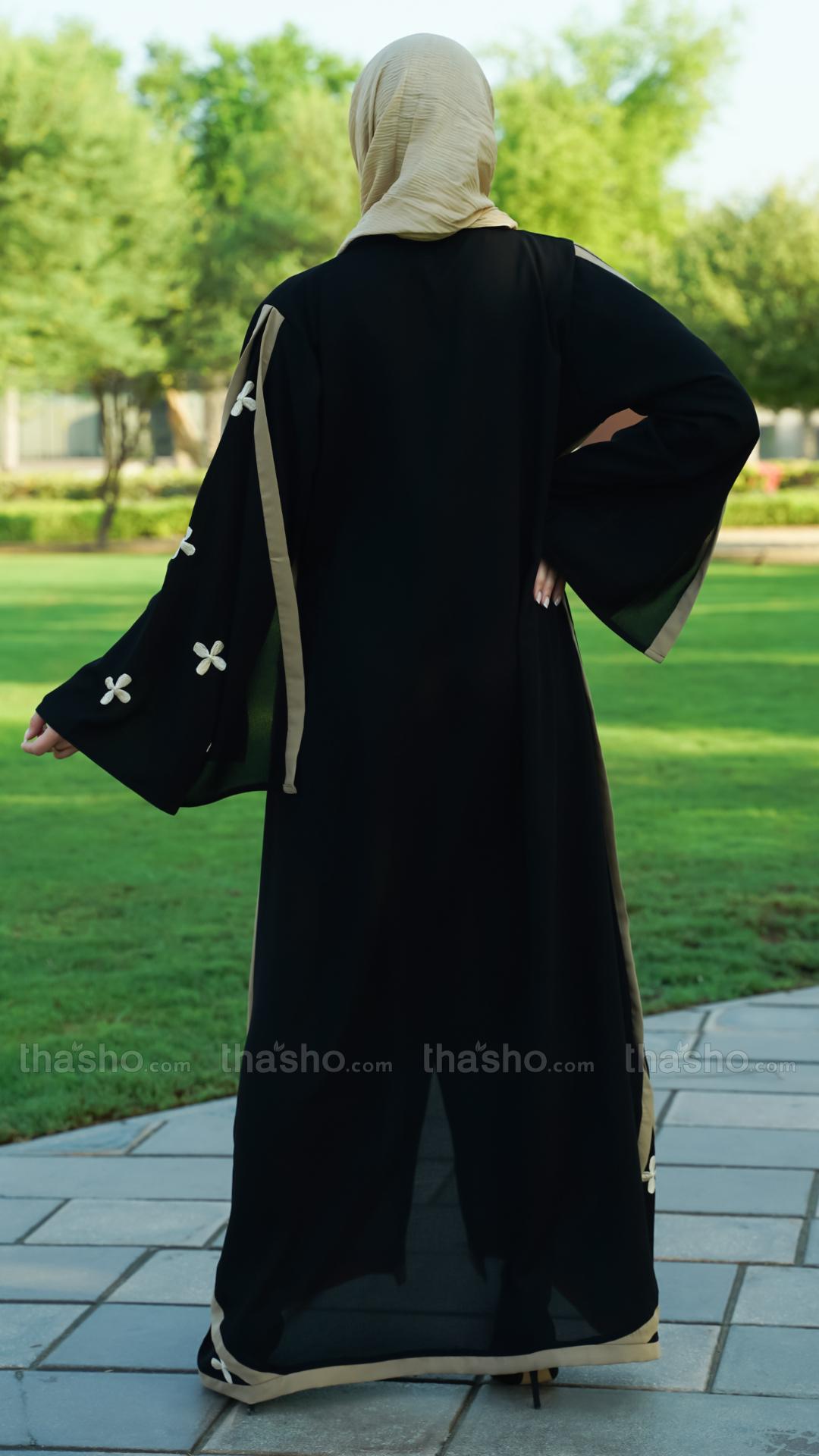 Black Abaya with Beige Band work and Floral Embroidery